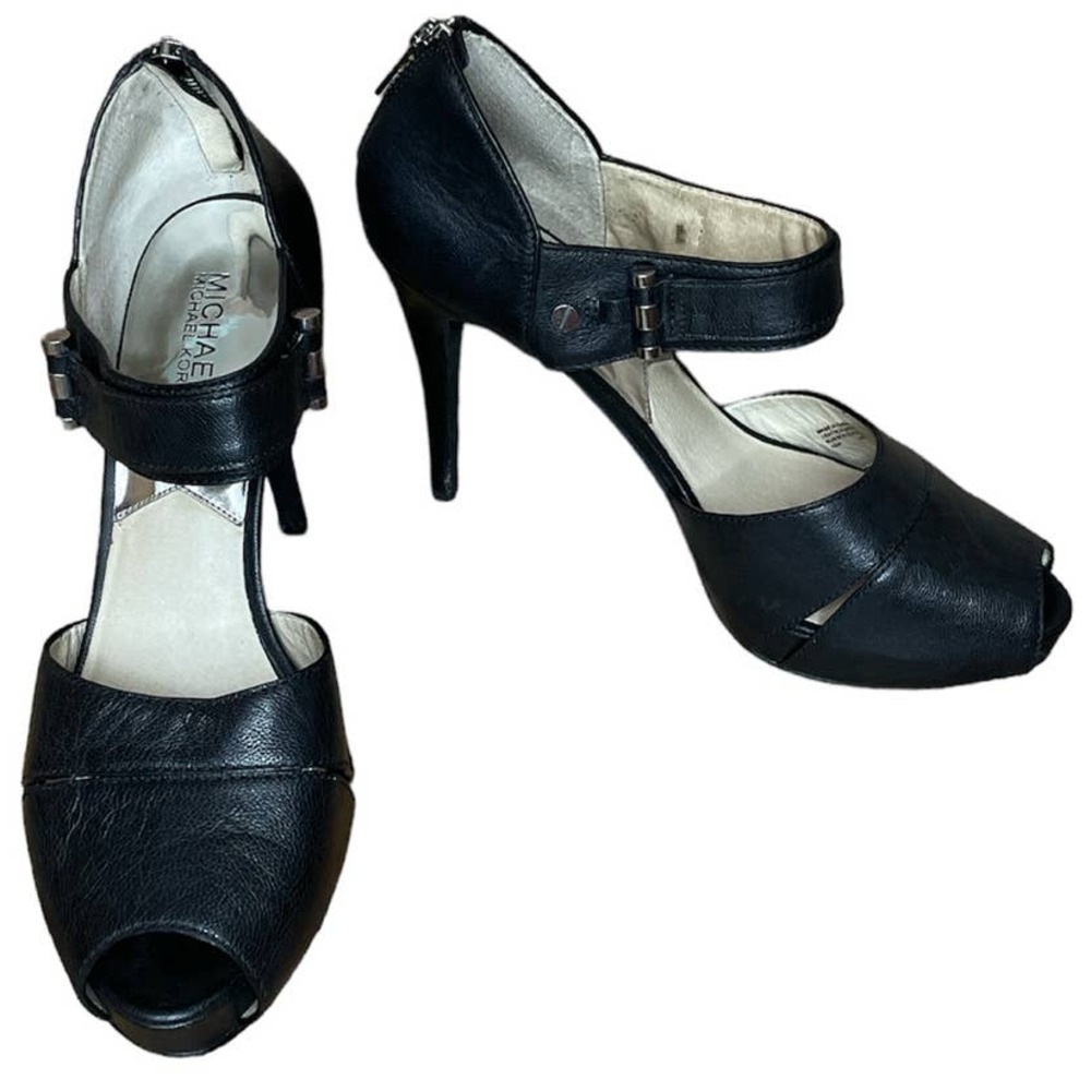 Michael Kors Black Leather Peep Toe Heels Back Zip Size 10